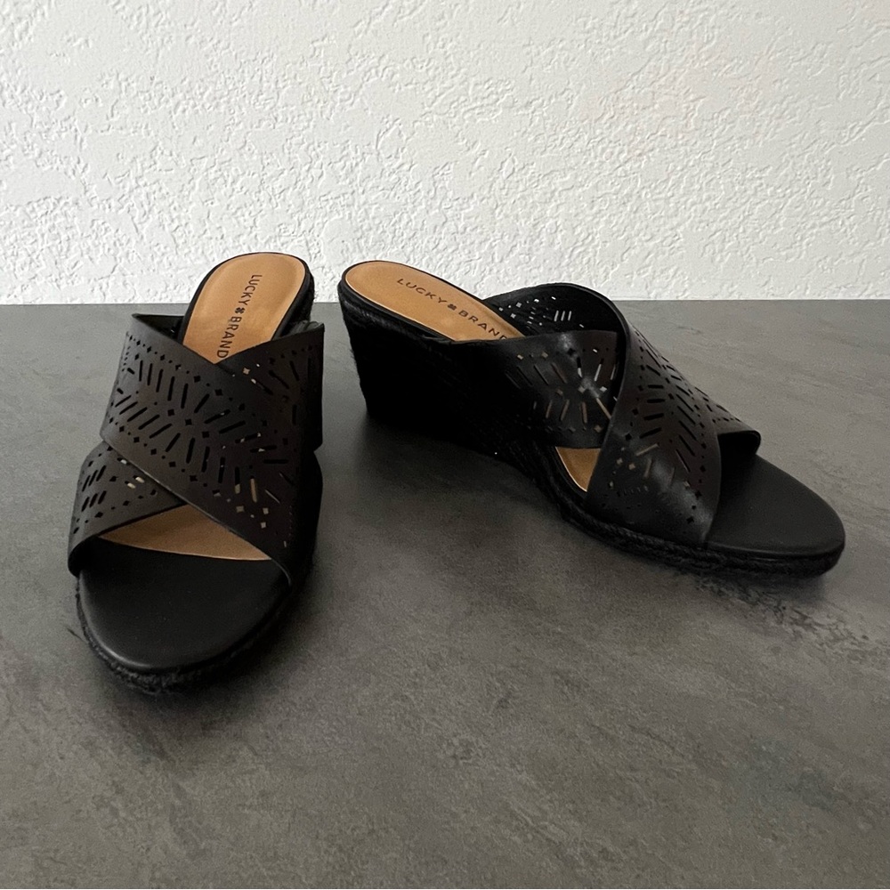 Lucky Brand Keela Black‎ Espadrille Leather Wedges Heeled Sandals Women’s Size 8